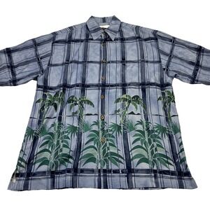 Tommy Bahama Men's Hawaiian Shirt Silk Palm Trees Plaid Blue Green Medium